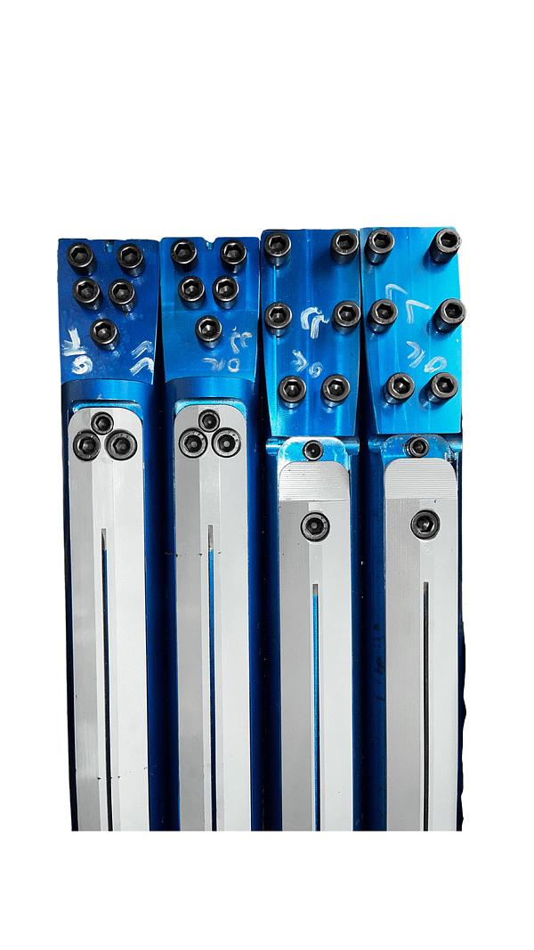 A group of four blue and white bars with numbers on them.