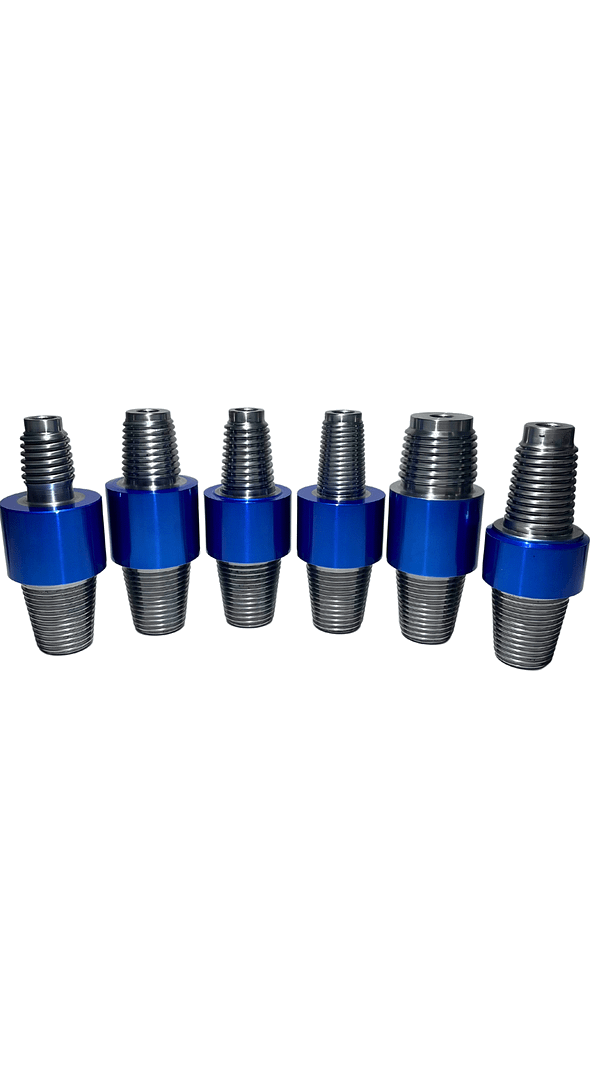 A set of six blue and silver metal bolts.