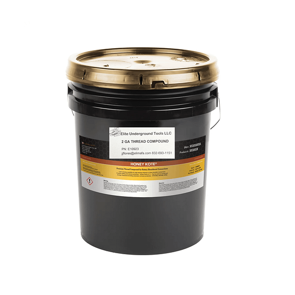 A black bucket with gold lid and label.