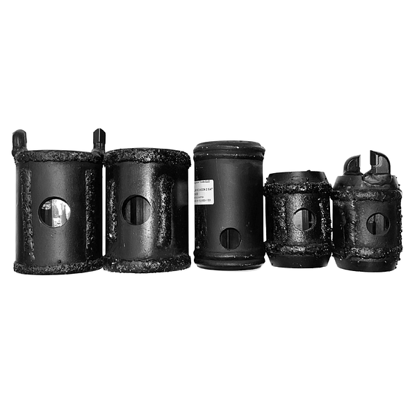 A group of black cylinders with different shapes and sizes.
