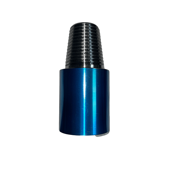 A blue metal tube with a black thread.