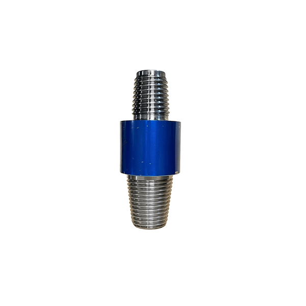 A blue and silver nut is sitting on top of a white background
